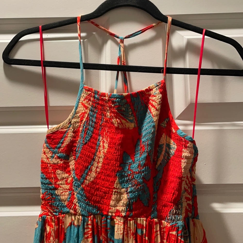 Free People Red and Teal Floral Smocked Sundress